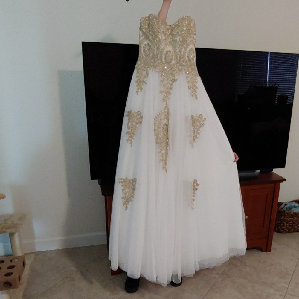 Gold and white prom gown